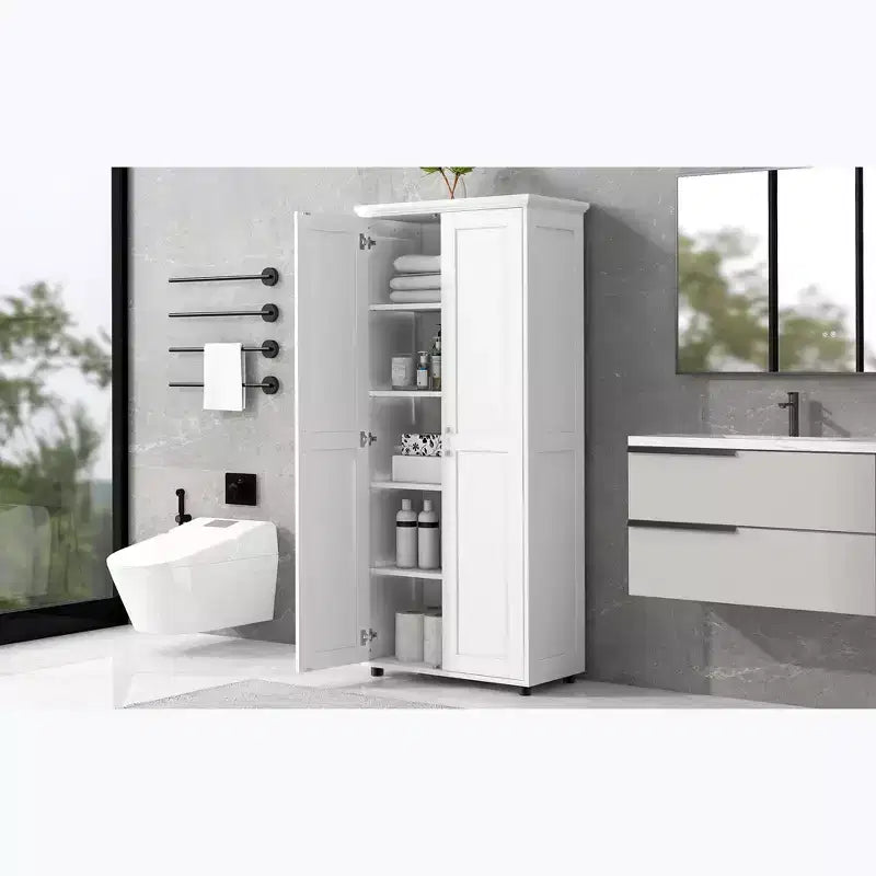 Meuble de rangement haut sur pied avec 2 portes et 5 compartiments réglables - Organisateur fin pour salon, chambre à coucher, couloir