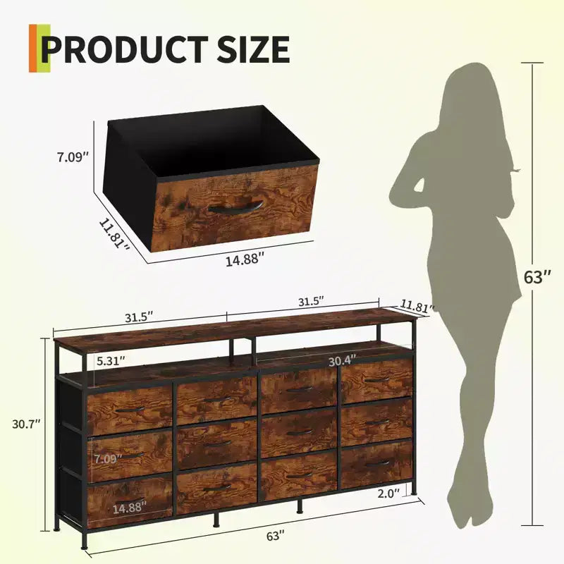 Commode TV 63 pouces pour chambre à coucher - Commode longue à 12 tiroirs pour salon - Tiroirs noirs avec
