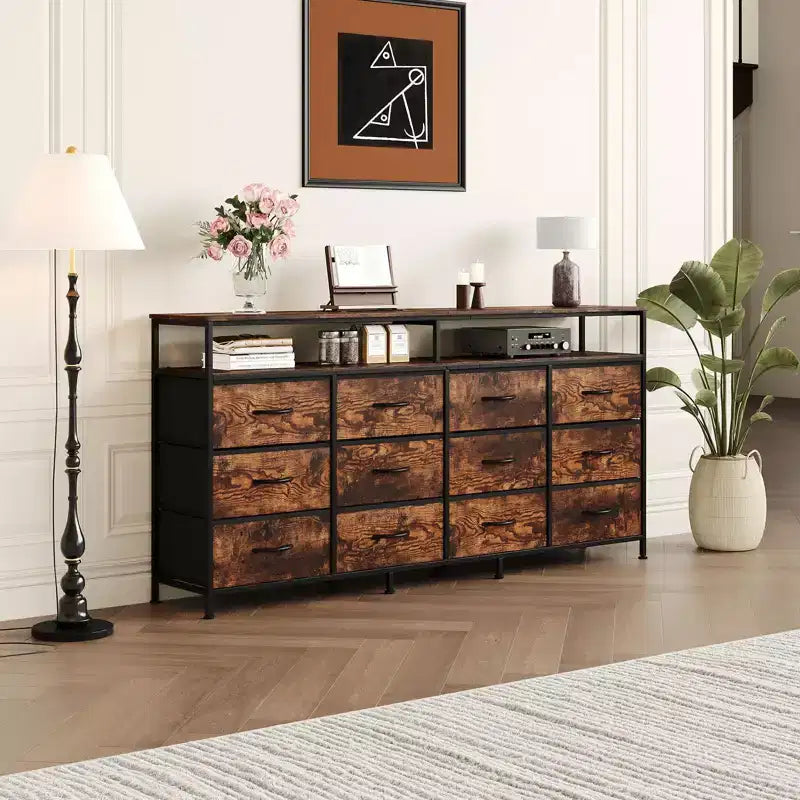 Commode TV 63 pouces pour chambre à coucher - Commode longue à 12 tiroirs pour salon - Tiroirs noirs avec
