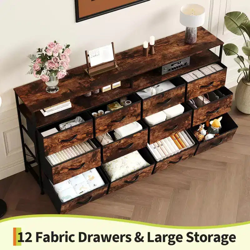 Commode TV 63 pouces pour chambre à coucher - Commode longue à 12 tiroirs pour salon - Tiroirs noirs avec