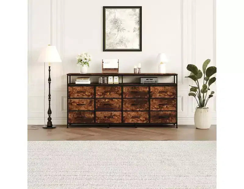 Commode TV 63 pouces pour chambre à coucher - Commode longue à 12 tiroirs pour salon - Tiroirs noirs avec
