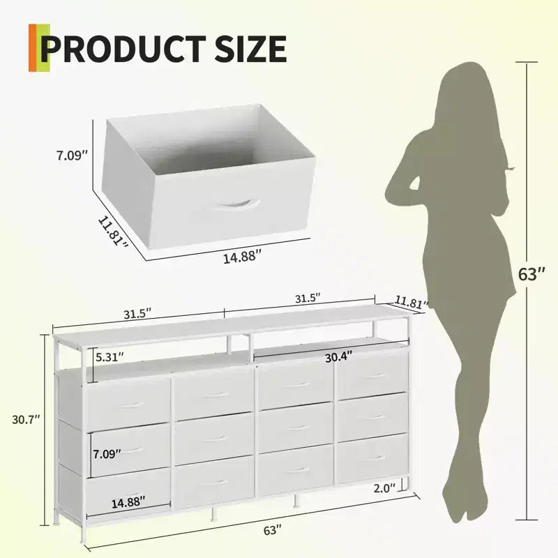 Commode TV 63 pouces pour chambre à coucher - Commode longue à 12 tiroirs pour salon - Tiroirs noirs avec