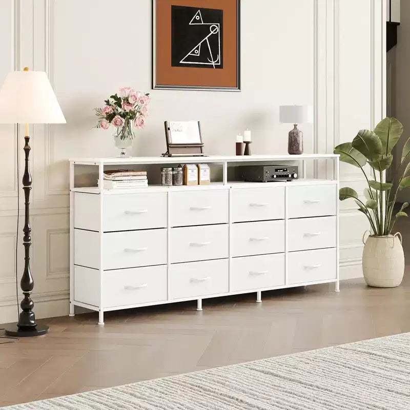 Commode TV 63 pouces pour chambre à coucher - Commode longue à 12 tiroirs pour salon - Tiroirs noirs avec