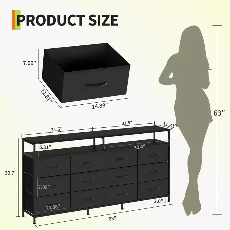 Commode TV 63 pouces pour chambre à coucher - Commode longue à 12 tiroirs pour salon - Tiroirs noirs avec