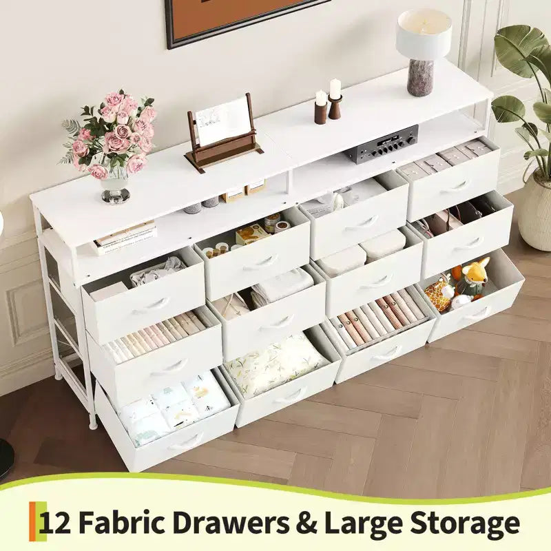 Commode TV 63 pouces pour chambre à coucher - Commode longue à 12 tiroirs pour salon - Tiroirs noirs avec