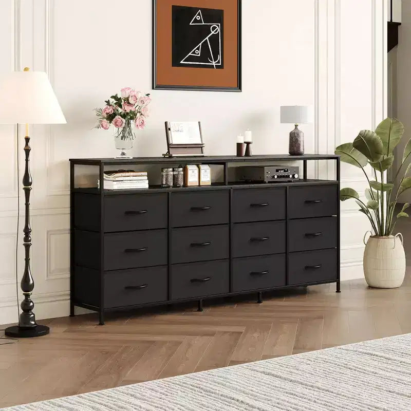Commode TV 63 pouces pour chambre à coucher - Commode longue à 12 tiroirs pour salon - Tiroirs noirs avec