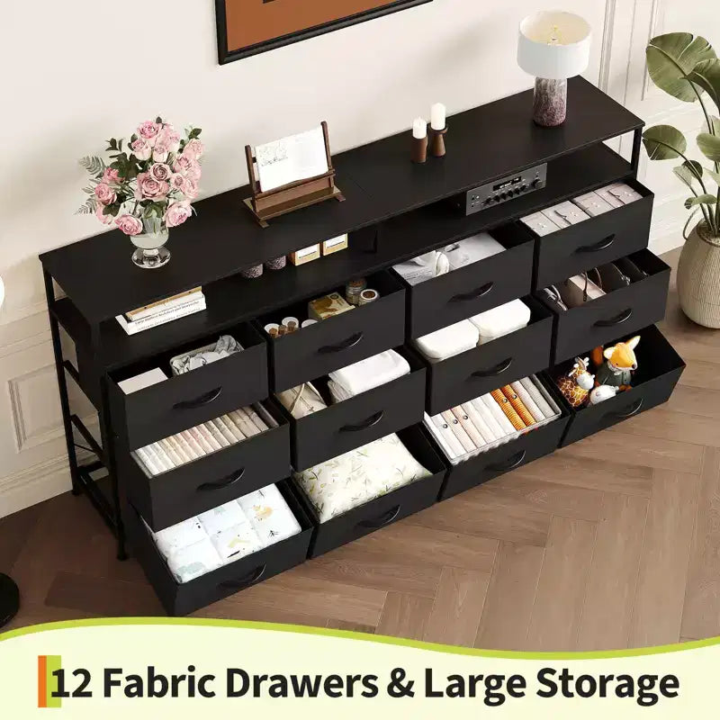 Commode TV 63 pouces pour chambre à coucher - Commode longue à 12 tiroirs pour salon - Tiroirs noirs avec