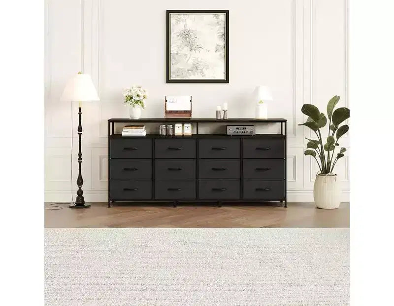 Commode TV 63 pouces pour chambre à coucher - Commode longue à 12 tiroirs pour salon - Tiroirs noirs avec