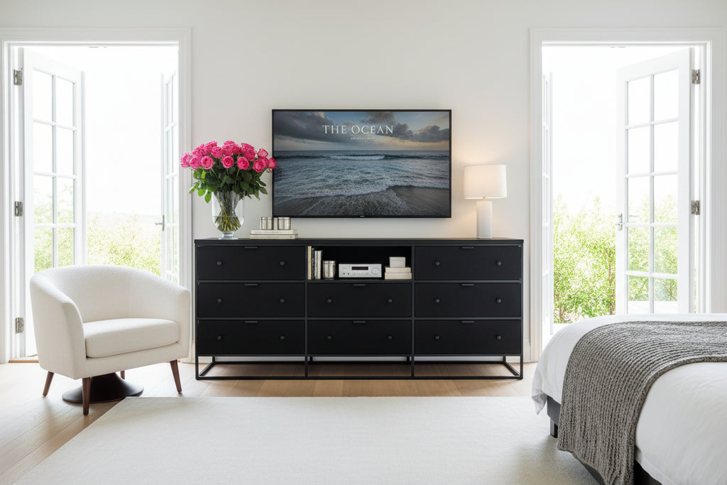 63 Inches Fabric Dresser TV Stand for Bedroom - 12 Drawer Long Dresser for Living Room - Black Chest of Drawers with Open Shelves