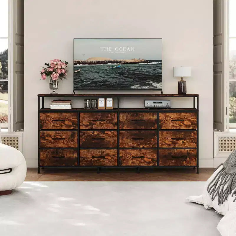Commode TV 63 pouces pour chambre à coucher - Commode longue à 12 tiroirs pour salon - Tiroirs noirs avec