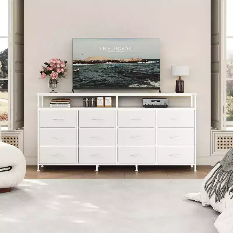 Commode TV 63 pouces pour chambre à coucher - Commode longue à 12 tiroirs pour salon - Tiroirs noirs avec