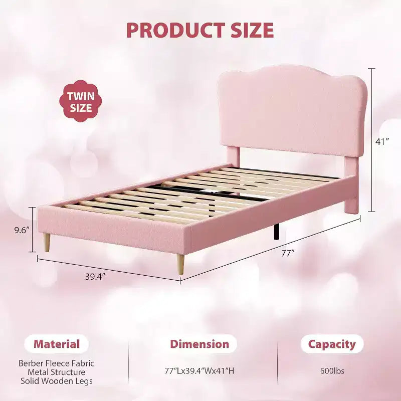 Lit simple avec bordure festonnée pour enfants - Rose, aucun sommier tapissier requis