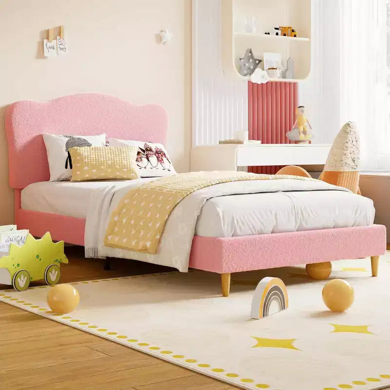Lit simple avec bordure festonnée pour enfants - Rose, aucun sommier tapissier requis