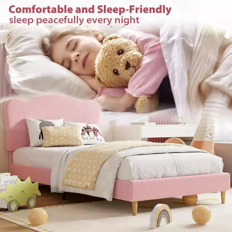Lit simple avec bordure festonnée pour enfants - Rose, aucun sommier tapissier requis