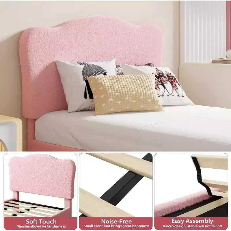 Lit simple avec bordure festonnée pour enfants - Rose, aucun sommier tapissier requis