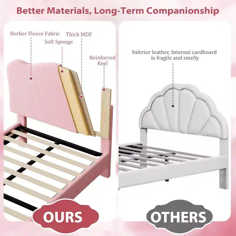 Lit simple avec bordure festonnée pour enfants - Rose, aucun sommier tapissier requis