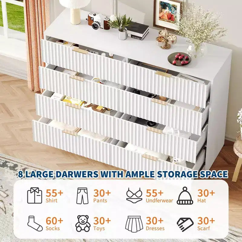 Commode cannelée 63" à 8/9 tiroirs - Grand meuble de rangement en bois avec poignées métalliques et dispositif anti-basculement pour chambre à coucher, salon