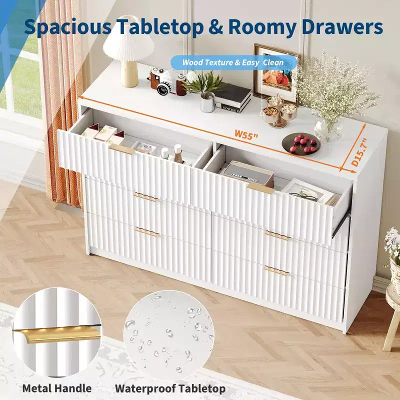 Commode cannelée 63" à 8/9 tiroirs - Grand meuble de rangement en bois avec poignées métalliques et dispositif anti-basculement pour chambre à coucher, salon