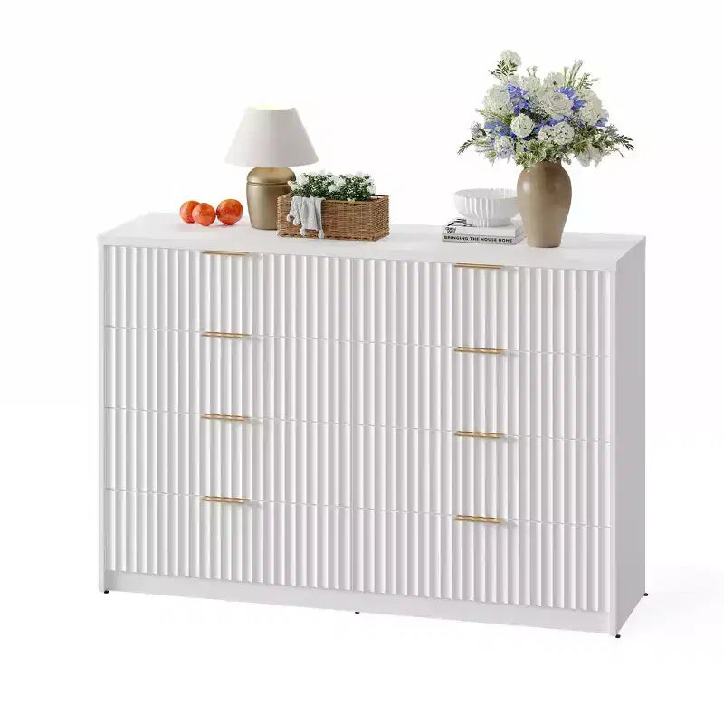 Commode cannelée 63" à 8/9 tiroirs - Grand meuble de rangement en bois avec poignées métalliques et dispositif anti-basculement pour chambre à coucher, salon