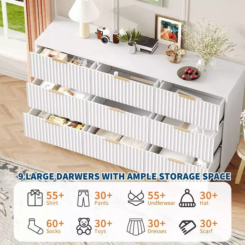 Commode cannelée 63" à 8/9 tiroirs - Grand meuble de rangement en bois avec poignées métalliques et dispositif anti-basculement pour chambre à coucher, salon