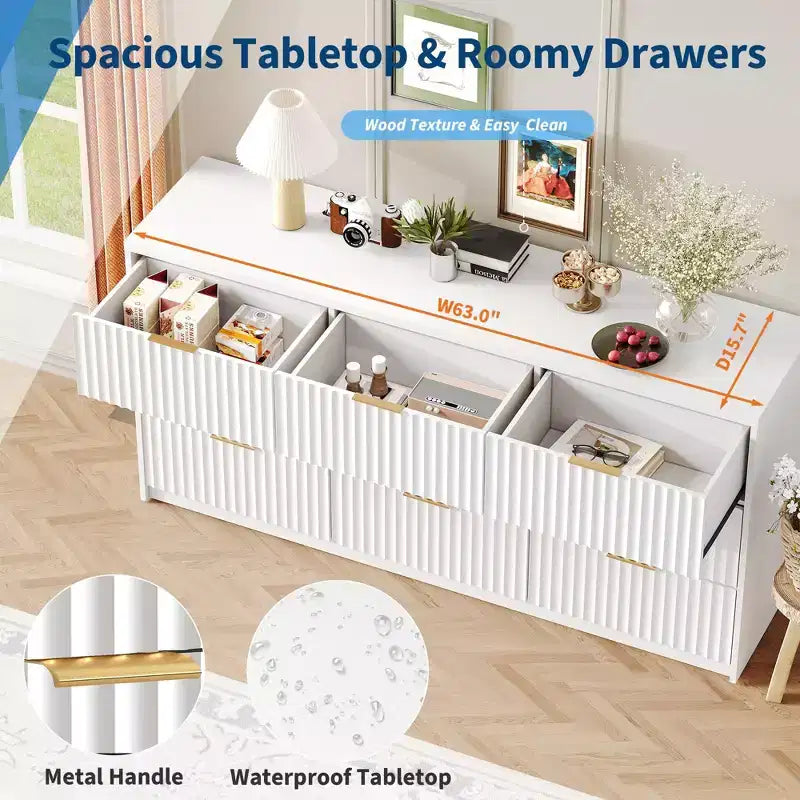 Commode cannelée 63" à 8/9 tiroirs - Grand meuble de rangement en bois avec poignées métalliques et dispositif anti-basculement pour chambre à coucher, salon