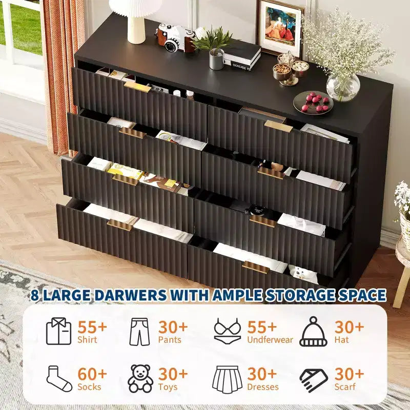 Commode cannelée 63" à 8/9 tiroirs - Grand meuble de rangement en bois avec poignées métalliques et dispositif anti-basculement pour chambre à coucher, salon