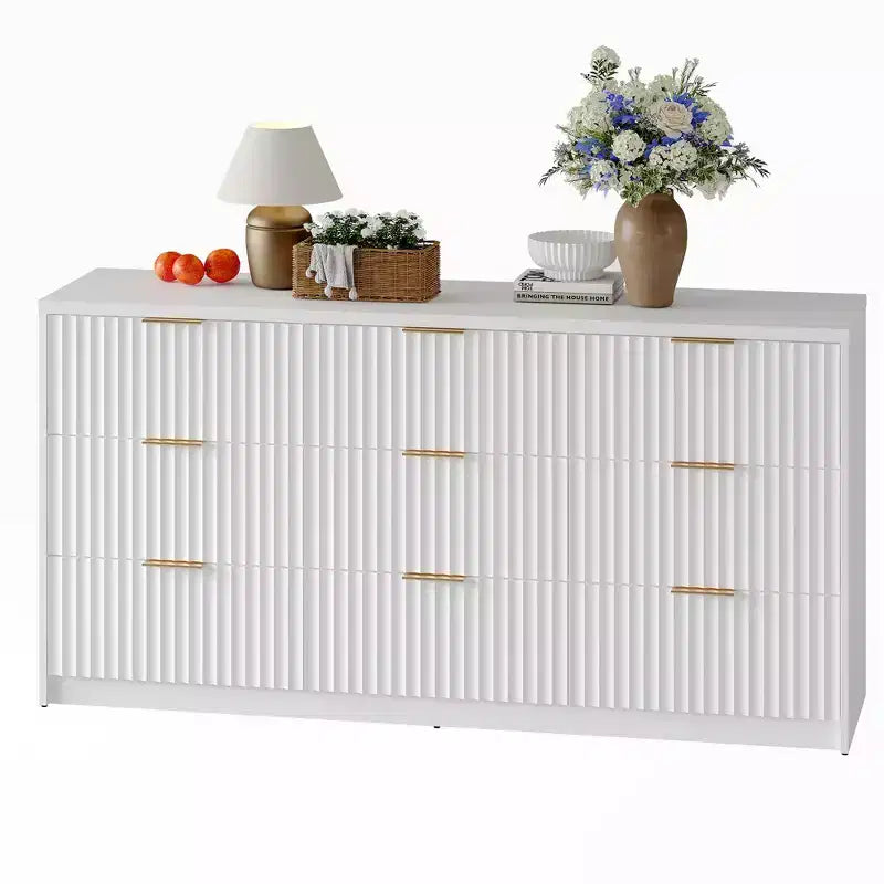 Commode cannelée 63" à 8/9 tiroirs - Grand meuble de rangement en bois avec poignées métalliques et dispositif anti-basculement pour chambre à coucher, salon