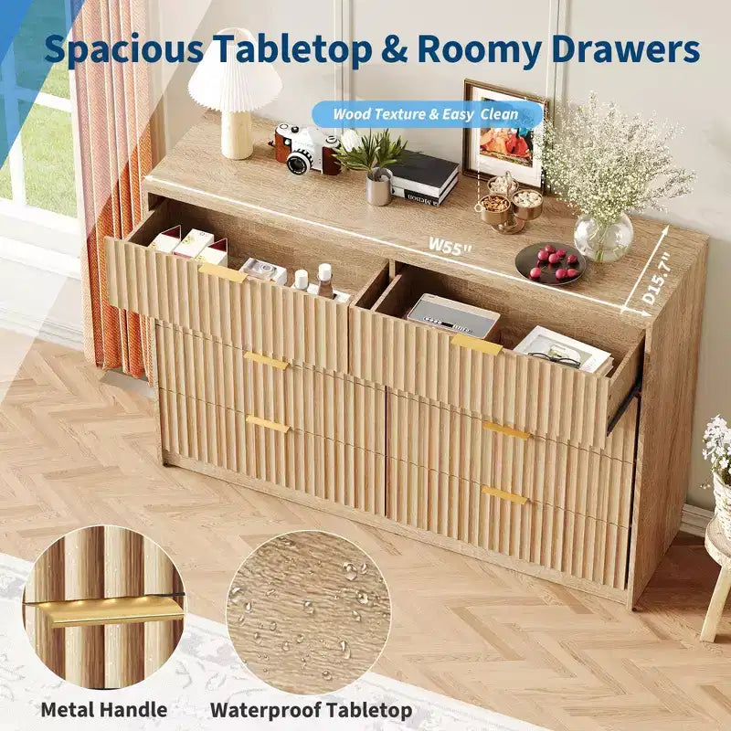 Commode cannelée 63" à 8/9 tiroirs - Grand meuble de rangement en bois avec poignées métalliques et dispositif anti-basculement pour chambre à coucher, salon
