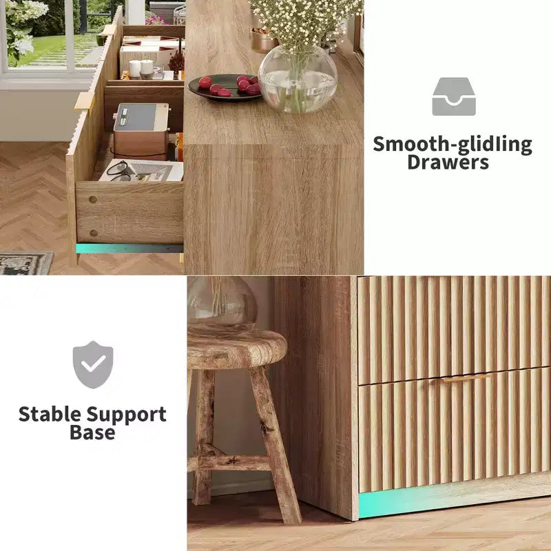 Commode cannelée 63" à 8/9 tiroirs - Grand meuble de rangement en bois avec poignées métalliques et dispositif anti-basculement pour chambre à coucher, salon