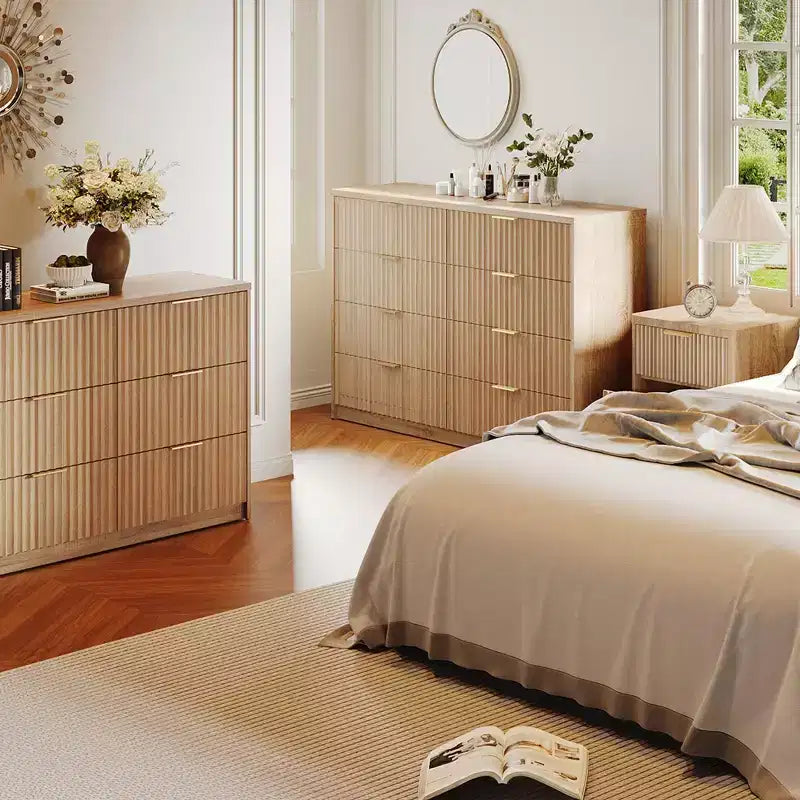 Commode cannelée 63" à 8/9 tiroirs - Grand meuble de rangement en bois avec poignées métalliques et dispositif anti-basculement pour chambre à coucher, salon