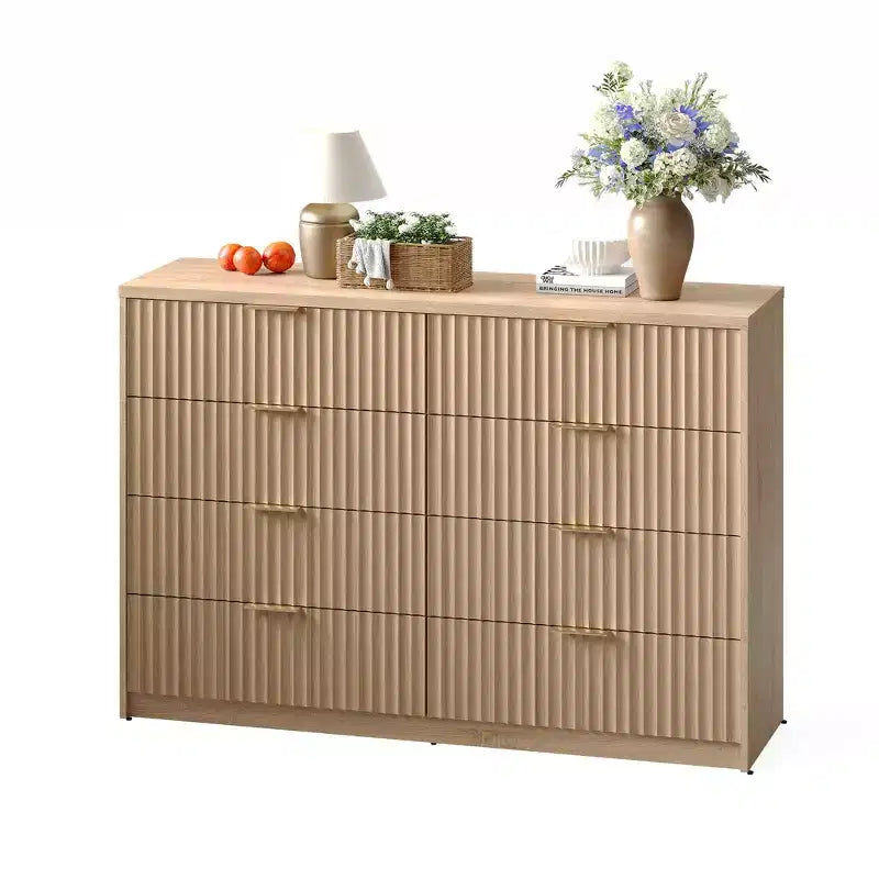 Commode cannelée 63" à 8/9 tiroirs - Grand meuble de rangement en bois avec poignées métalliques et dispositif anti-basculement pour chambre à coucher, salon