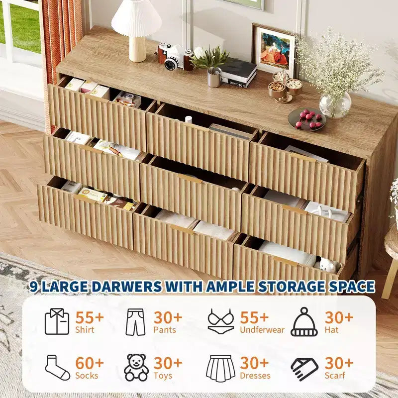 Commode cannelée 63" à 8/9 tiroirs - Grand meuble de rangement en bois avec poignées métalliques et dispositif anti-basculement pour chambre à coucher, salon