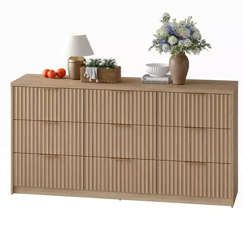 Commode cannelée 63" à 8/9 tiroirs - Grand meuble de rangement en bois avec poignées métalliques et dispositif anti-basculement pour chambre à coucher, salon