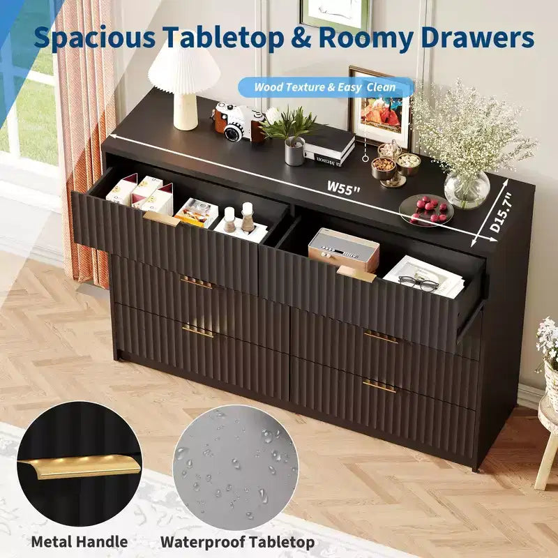 Commode cannelée 63" à 8/9 tiroirs - Grand meuble de rangement en bois avec poignées métalliques et dispositif anti-basculement pour chambre à coucher, salon