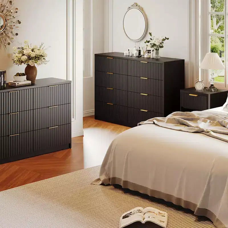 Commode cannelée 63" à 8/9 tiroirs - Grand meuble de rangement en bois avec poignées métalliques et dispositif anti-basculement pour chambre à coucher, salon