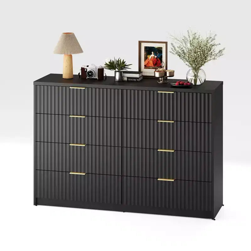 Commode cannelée 63" à 8/9 tiroirs - Grand meuble de rangement en bois avec poignées métalliques et dispositif anti-basculement pour chambre à coucher, salon