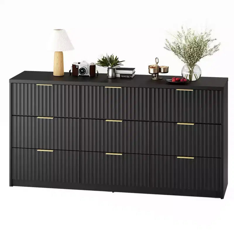 Commode cannelée 63" à 8/9 tiroirs - Grand meuble de rangement en bois avec poignées métalliques et dispositif anti-basculement pour chambre à coucher, salon