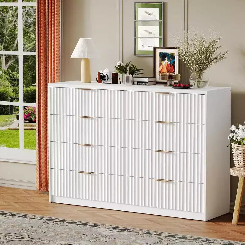 Commode cannelée 63" à 8/9 tiroirs - Grand meuble de rangement en bois avec poignées métalliques et dispositif anti-basculement pour chambre à coucher, salon