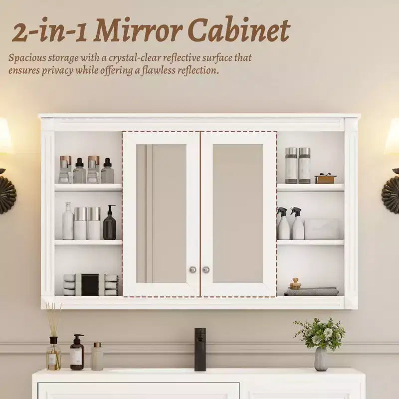 Armoire murale de 47 pouces, armoire à pharmacie murale avec miroir et meuble de rangement flottant au-dessus des toilettes pour