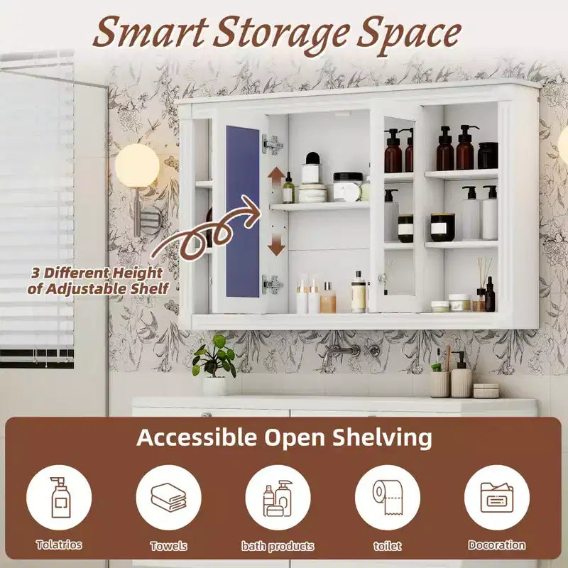 Armoire murale de 47 pouces, armoire à pharmacie murale avec miroir et meuble de rangement flottant au-dessus des toilettes pour