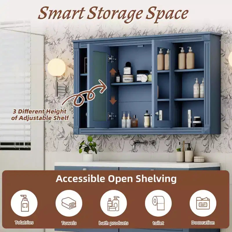Armoire murale de 47 pouces, armoire à pharmacie murale avec miroir et meuble de rangement flottant au-dessus des toilettes pour