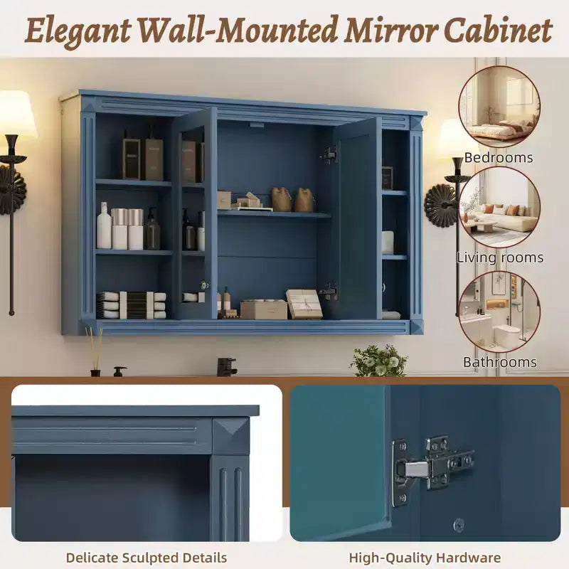 Armoire murale de 47 pouces, armoire à pharmacie murale avec miroir et meuble de rangement flottant au-dessus des toilettes pour