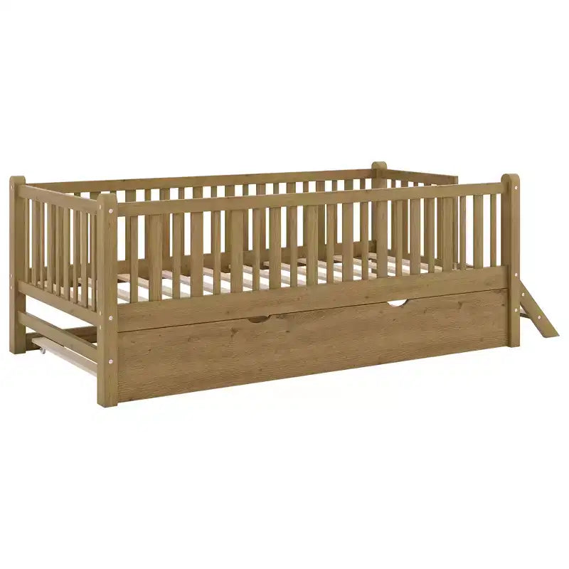 Cadre de lit simple avec lit gigogne et barrière de sécurité, lit bas avec escaliers pour garçons et filles