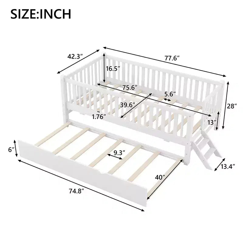 Cadre de lit simple avec lit gigogne et barrière de sécurité, lit bas avec escaliers pour garçons et filles