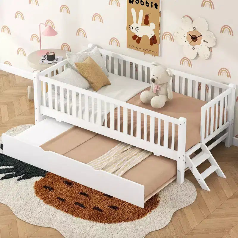Cadre de lit simple avec lit gigogne et barrière de sécurité, lit bas avec escaliers pour garçons et filles