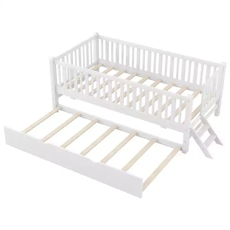 Cadre de lit simple avec lit gigogne et barrière de sécurité, lit bas avec escaliers pour garçons et filles