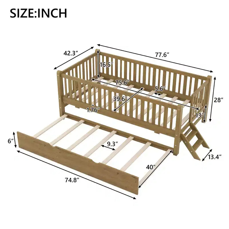 Cadre de lit simple avec lit gigogne et barrière de sécurité, lit bas avec escaliers pour garçons et filles