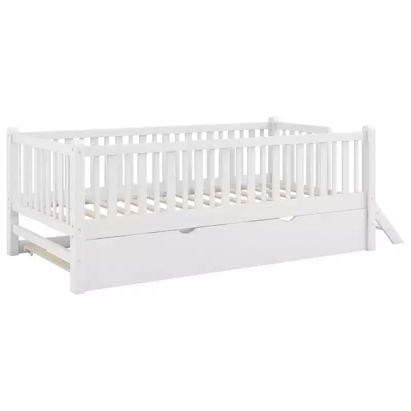 Cadre de lit simple avec lit gigogne et barrière de sécurité, lit bas avec escaliers pour garçons et filles