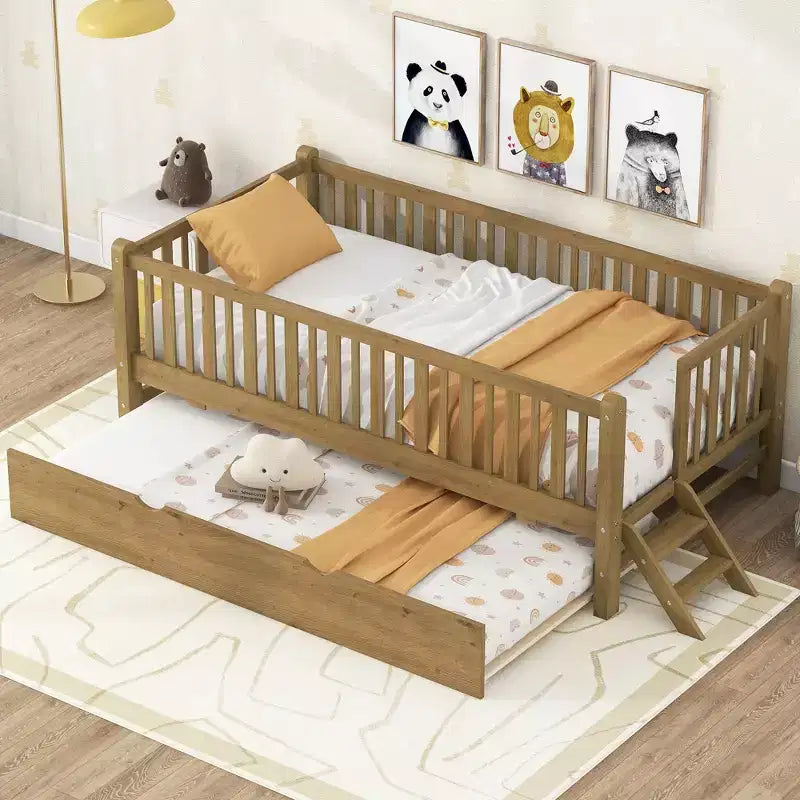 Cadre de lit simple avec lit gigogne et barrière de sécurité, lit bas avec escaliers pour garçons et filles