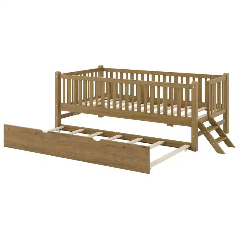 Cadre de lit simple avec lit gigogne et barrière de sécurité, lit bas avec escaliers pour garçons et filles